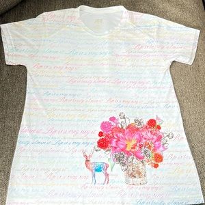 A4 Floral Script Graphic Short Sleeve White Tee L NWOT
